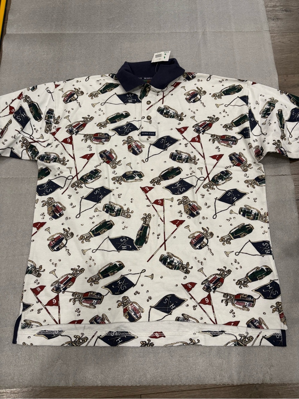 [M-PTP 24”]Vintage Higher State Men's White Polo Shirt Nautical Flag Golf Print